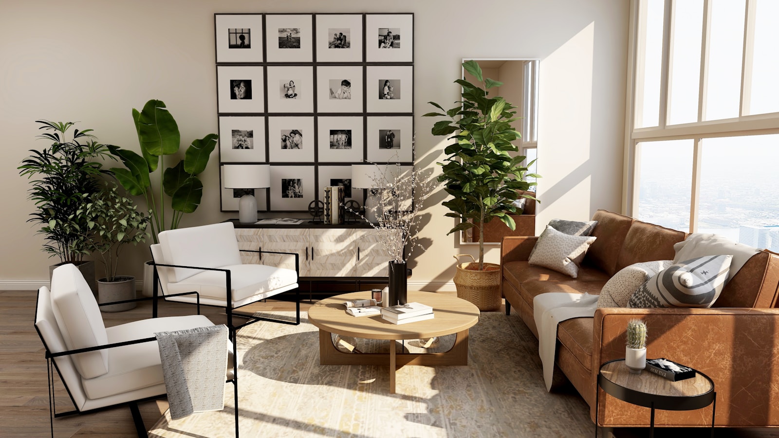 De huiskamer van Bloesem met planten en zacht licht